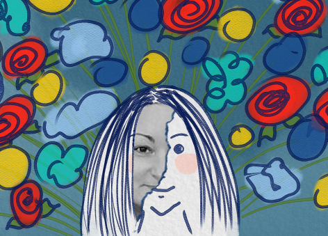 website logo showing a cartoon version of a woman surrounded by colourful flowers and sky, the left half of her cartoon face shows a photo of the left side of her actual face